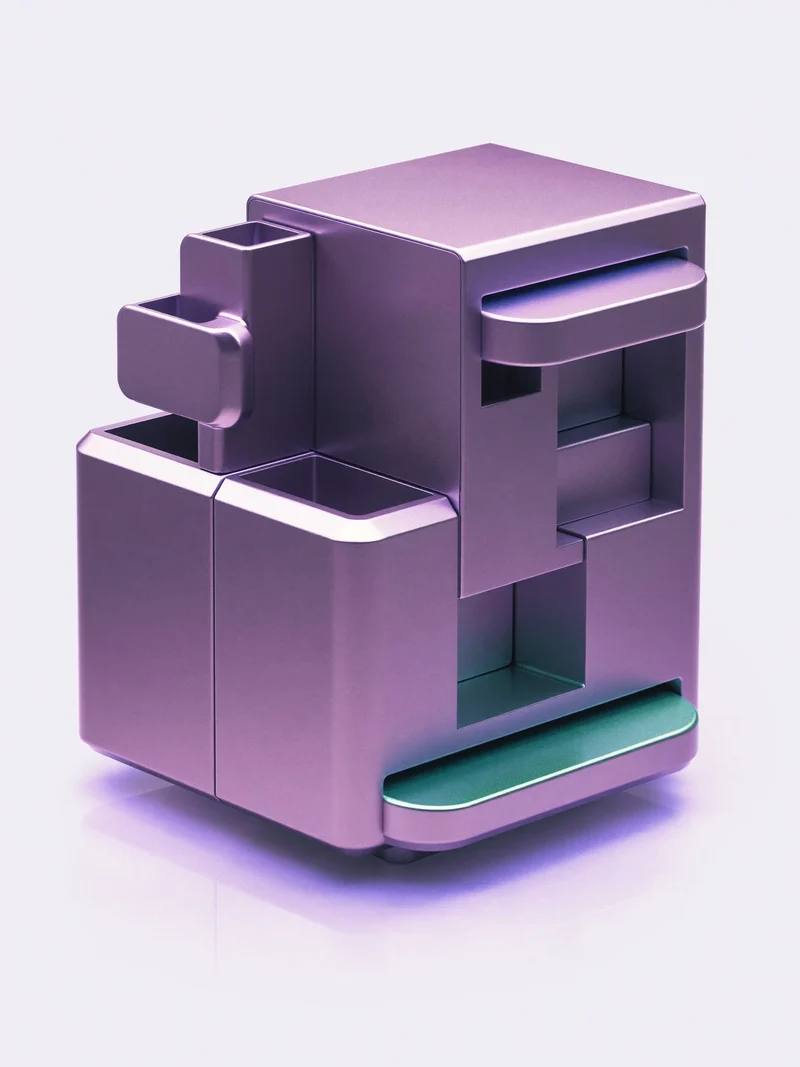 Studiu ilustrativ: organizator modular din aluminiu anodizat.